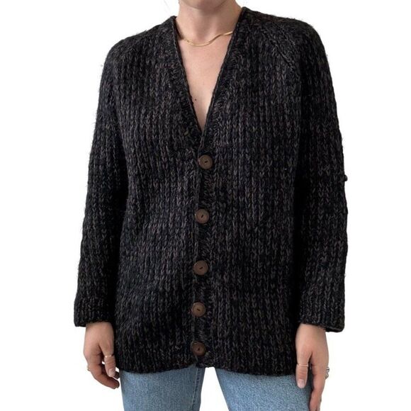 Vintage Womens Hand Knit Black Brown Marled 100% Wool Ribbed Chunky Cardigan - Picture 1 of 7
